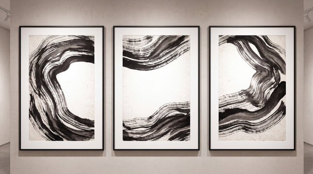 A triptych of minimalist black and white ink brush stroke abstract paintings displayed in modern black frames on a neutral gallery wall.