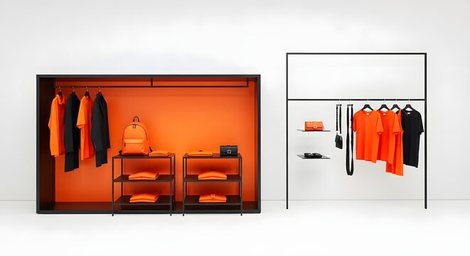 Modern clothing store display with orange and black apparel