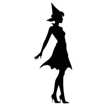 minimalist silhouette of elf or elve in black dress with pointed hat and cape, flat vector design, side profile pose