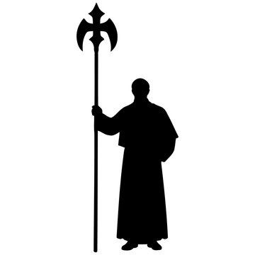 soblem hooded figure in a robed cloak holding a double headed axe, monochrome vector silhouette with flat shading