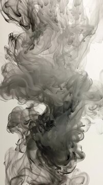 Grey ink moves through water like smoke on a white background. It shows fluid shapes and forms as it spreads in the liquid.
