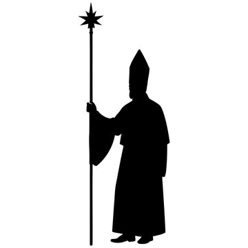 minimalist black silhouette of robed figure with star-topped staff in vertical vector composition