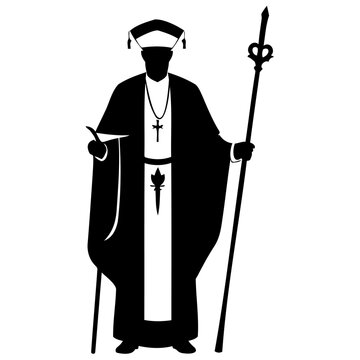 solemn robed religious figure holding staff and book, monochrome vector silhouette, ornate vestments and cross-topped staff