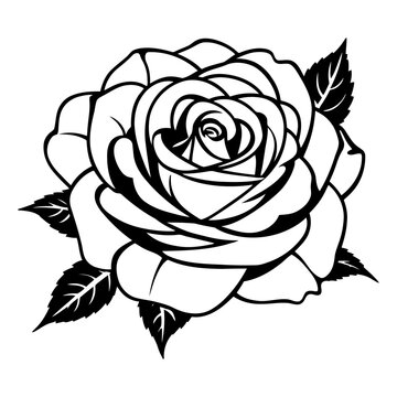 close up monochrome rose vector with intricate petals, thorny stem, and symmetrical line art design