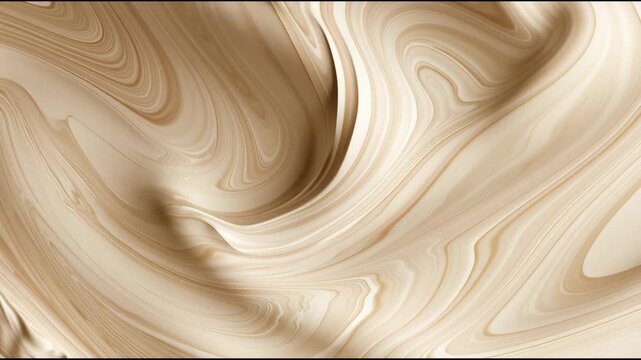 Cream and caramel paint flow in slow silky ribbons on a canvas in an art studio. This process shows the beauty of blending colors.