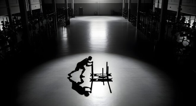 Determined Athlete Performing a Heavy Sled Push During Strength Training
