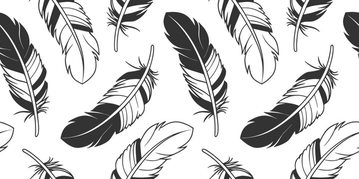 Black and white feather seamless pattern on transparent background. Hand drawn bird plumage creates an elegant texture for fabric wallpaper packaging and surface design. Flat vector illustration.