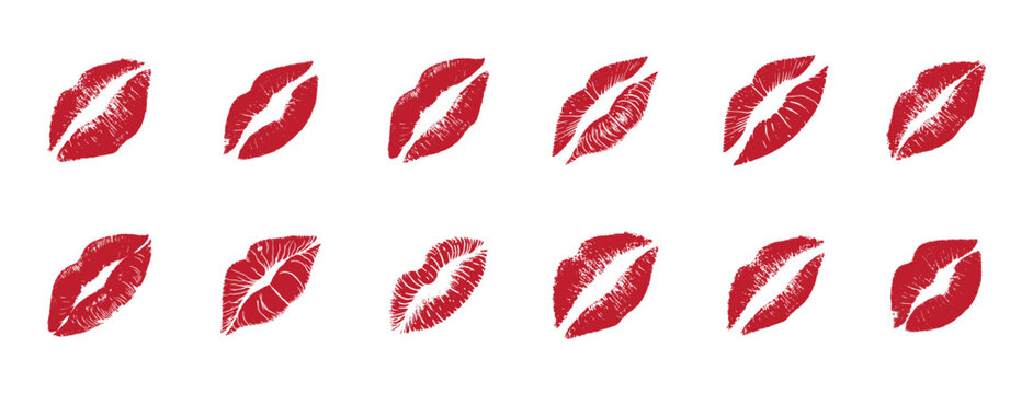 Red lipstick kiss mark collection with hand drawn lip prints and varied shapes. Romantic beauty elements suit Valentine designs, cosmetics, invitations, stickers, branding, and fashion.