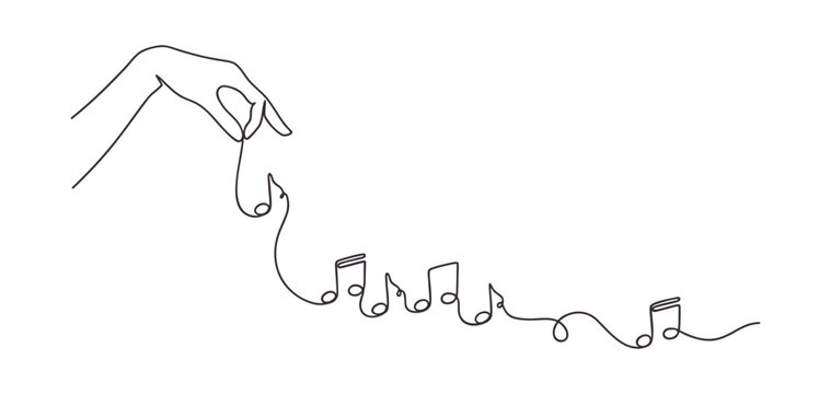 Musical hand line art showing fingers releasing flowing notes along a graceful line. Minimal melody illustration creates an elegant artistic rhythm. Perfect for music branding, posters, cards, 