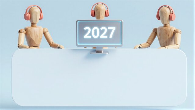 Three wooden figures with headphones watch a glowing "2027" screen, symbolizing future tech.