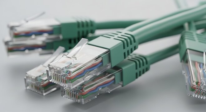 Green Ethernet cables with connectors closeup.