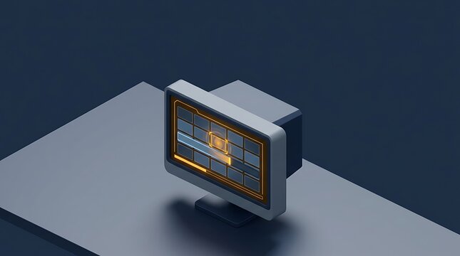 Minimalist 3D render of a desktop computer monitor displaying a loading progress bar, symbolizing data processing and digital workflow on a clean isometric surface