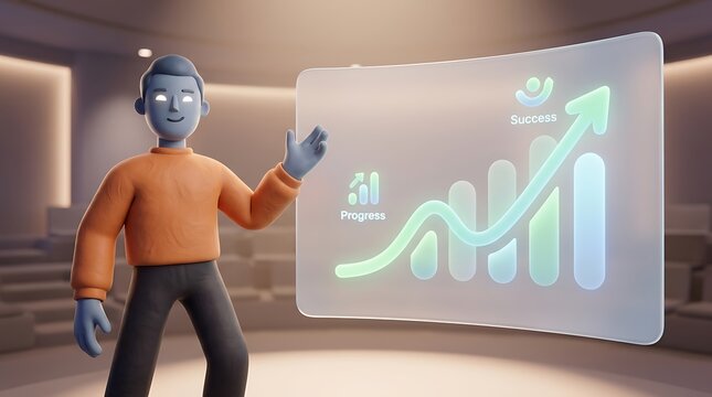 3D character presenting a glowing business growth chart and progress analytics on a virtual screen