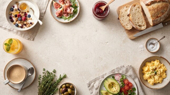 A vibrant and healthy breakfast spread features a variety of delicious and nutritious food items, artfully arranged on a clean, light-colored surface, ready to fuel a perfect morning.