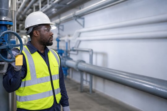 Wastewater Treatment Operator Training Trainee Checking One Valve Position from a Safe Standing Point in an Orderly Pipe Gallery