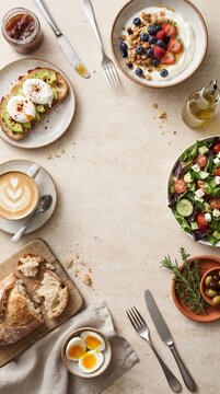 A vibrant, healthy breakfast spread featuring avocado toast, yogurt parfait, fresh salad, and coffee is artfully arranged around a rustic loaf of bread and a small bowl of olives.