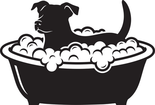 Dog taking bubble bath in vintage tub black silhouette clipart for pet grooming salon signage and service logo.
