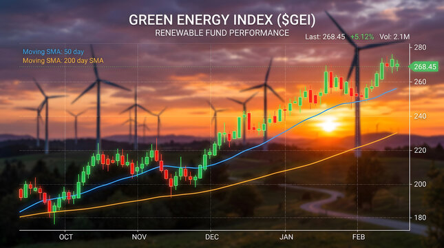 Green energy index stock market chart with wind turbines at sunset for financial analysis.