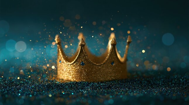 Crown with golden royal sparkle on dark teal surface for king queen monarchy art