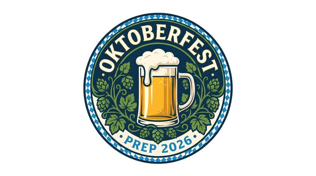 Oktoberfest 2026 logo with beer mug and hops.