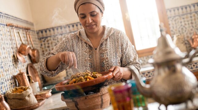 Moroccan Female Cook Adding Spices to Tagine in Rustic Tiled Kitchen