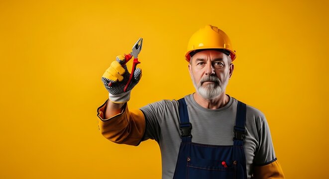 Mature male worker with drill tool.