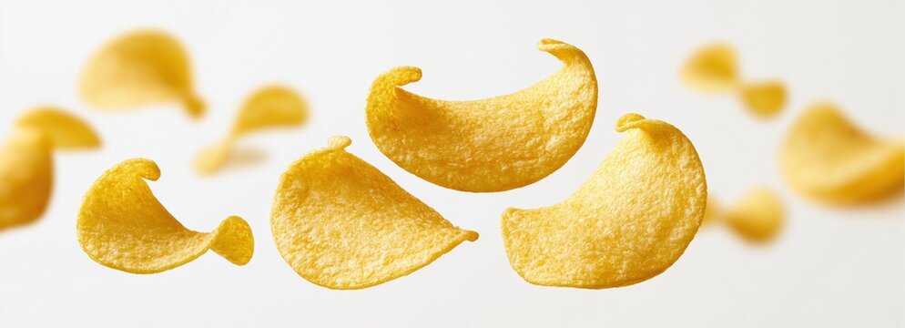 Chips and crispy potato snack pieces floating in the air for a crunchy salty food