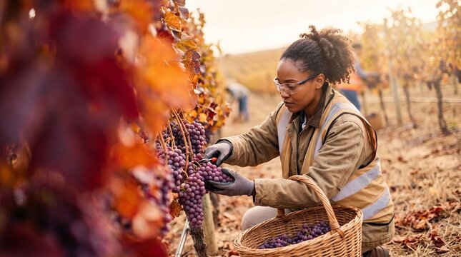 Female Agricultural Worker Harvesting Ripe Red Grapes into Wicker Basket in Vineyard