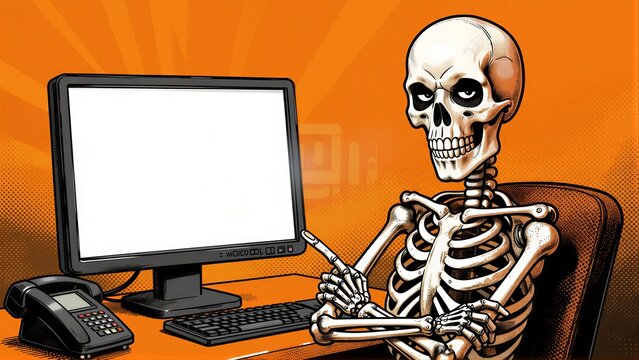 Skeleton sits at desk, pointing at computer screen against vibrant orange background.
