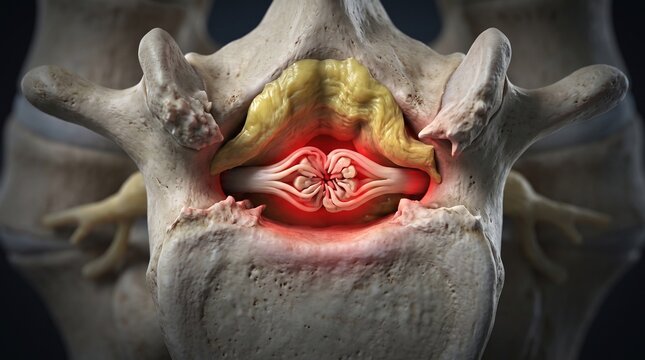 Macro 3D Anatomical View of Lumbar Spinal Stenosis with Fleshy Ligament Thickening and Nerve Impingement