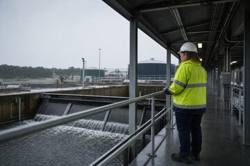 Fototapeta premium Wastewater Treatment Operator Training Middle Aged White Female Performing a Storm Inflow Readiness Walkthrough Along a Covered Non Slip Plant Walkway