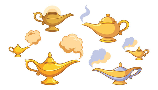 Magic aladdin oil lamp vector collection set with smoke clouds and golden mystery genies lamps
