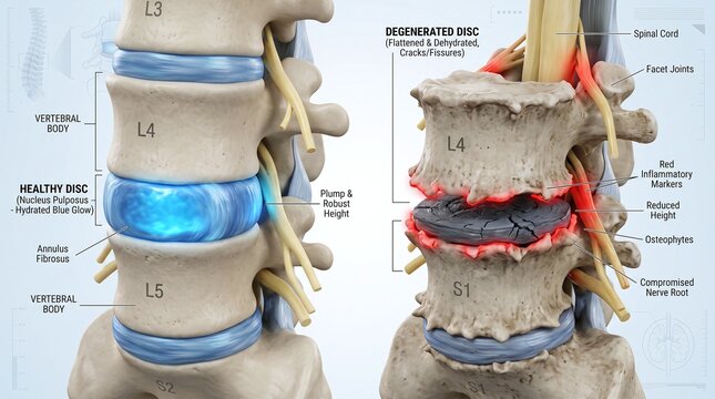 Comprehensive Labeled 3D Medical Diagram of Lumbar Disc Degeneration from L3 to S1