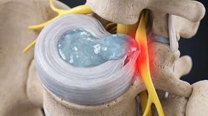Obraz premium Oblique 3D Anatomical View of Lumbar Intervertebral Disc Herniation Compressing Glowing Yellow Nerve