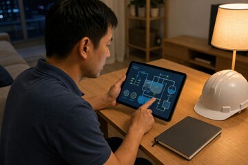 Obraz premium Wastewater Treatment Operator Training East Asian Male Practicing a Simulated Control Room Lesson on One Tablet at a Tidy Apartment Desk