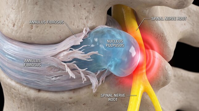 Labeled 3D Medical Diagram of Herniated Disc Showing Nucleus Pulposus Extrusion and Spinal Nerve Root Compression