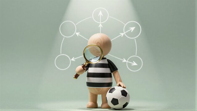 Wooden figure holds magnifying glass and soccer ball, examining network diagram.