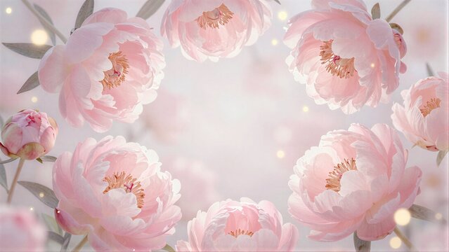 Soft pink peonies bloom gently, framed by delicate petals and warm bokeh lights.