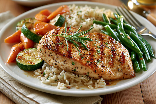 Low-fat grilled chicken breast with steamed rice, zucchini, carrots and green beans, elegant white ceramic plate, natural daylight, contemporary editorial food photography, ultra realistic