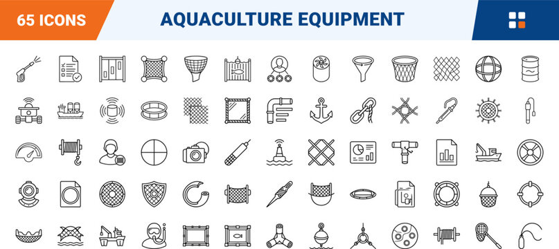 Fish Farm Nets line icon set. Vector pictograms of aquaculture, netting, mooring, and cage elements, thin linear illustration.
