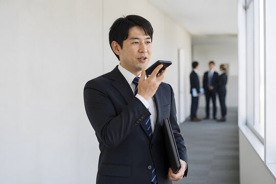 スマートフォンに向かって話す会社員