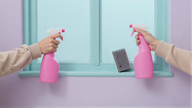 Two hands hold pink spray bottles, ready to clean a window.