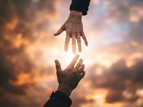 Two hands reaching for each other with a bright light in between them