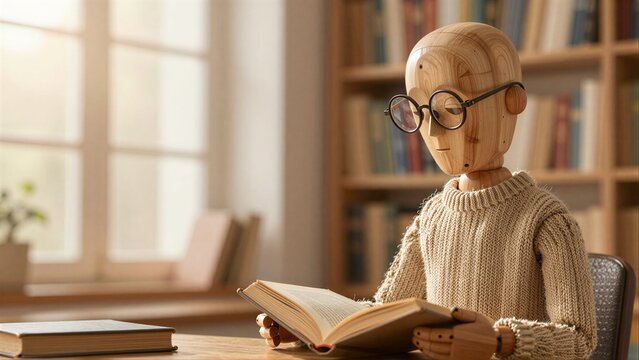 Wooden figure with glasses reads book in cozy library setting.