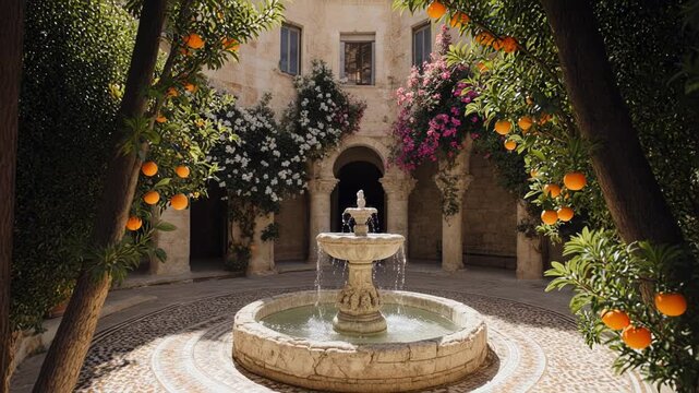 Courtyard Fountain Central Courtyard With Blooming Vines And Stone Architecture.