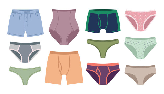 Men and women underwear vector illustration collection featuring boxer shorts, briefs, panties, thongs, and high-waisted shapewear styles.