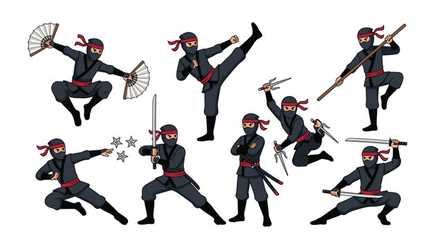Ninja warrior character set in dynamic fighting poses throwing shuriken holding katana sword staff and sai weapons vector illustration