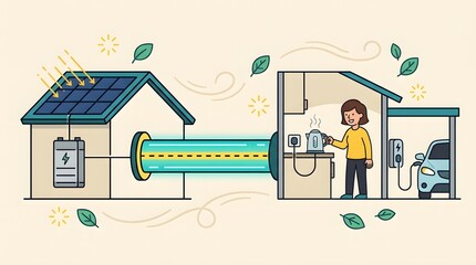 Naklejka premium Rooftop solar panel battery storage powering home appliances kettle and electric car charger