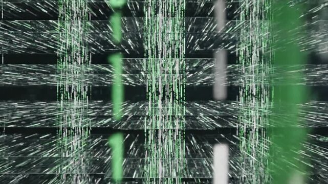 Binary code streams through a dark matrix environment, symbolizing advanced cyber security and data networking.