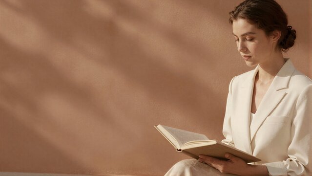 A woman in white reads a book, bathed in warm sunlight against a textured wall.